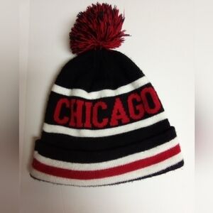 Men's Chicago Pom Pom Cuff Beanie Black, Red, & White Illinois
